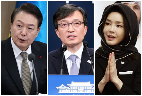 (왼쪽부터) 윤석열 대통령, 김의겸 더불어민주당 대변인, 김건희 여사. <대통령실 제공, 연합뉴스>